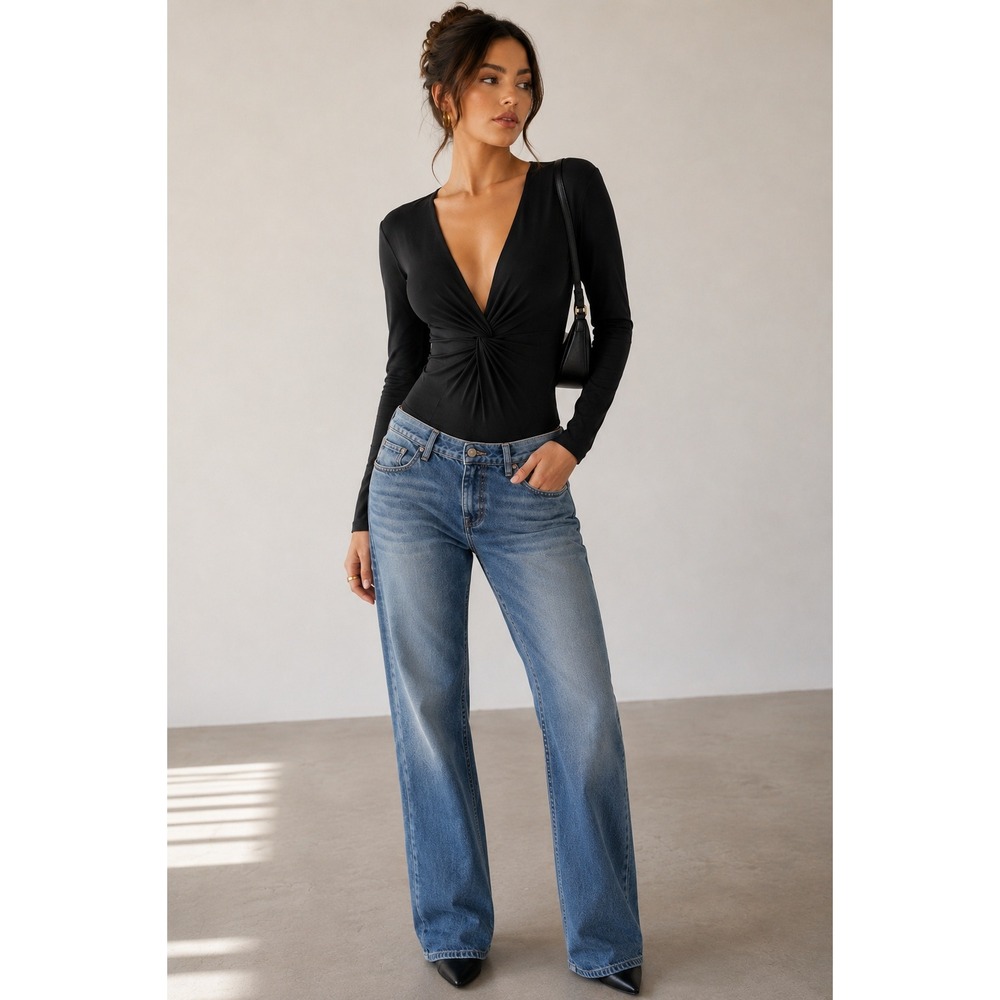 Black Twist Front Long Sleeve Bodysuit M Deep V Neck Office Siren Y2K Clubwear